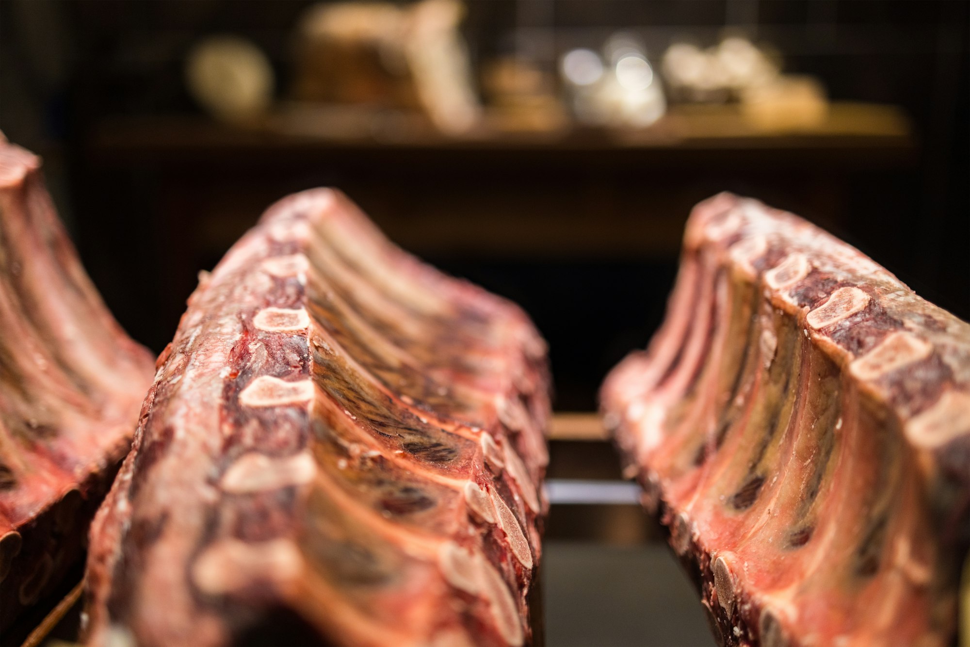 Dry aging cabinet with beef meat in cold storage